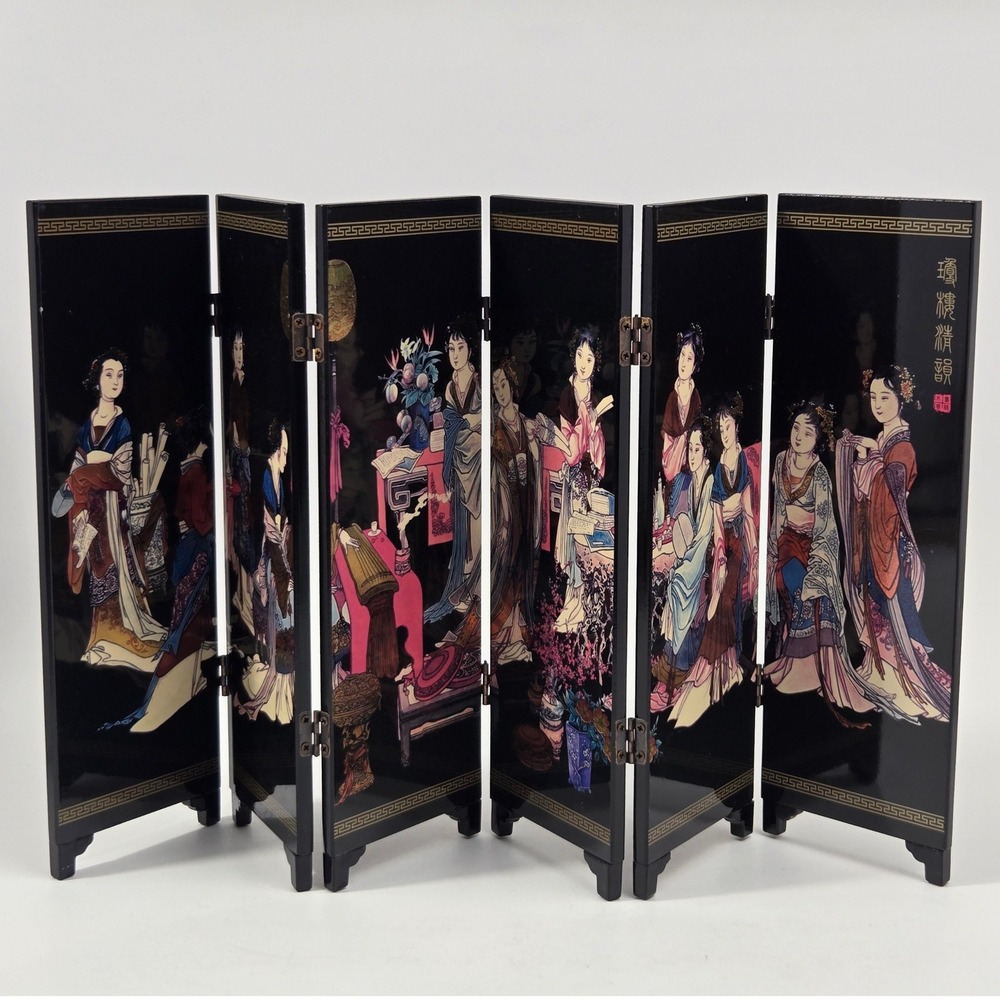 Vintage Chinese 6 Panel Tabletop Folding Screen Black Lacquer Hua Sanchuan Art
